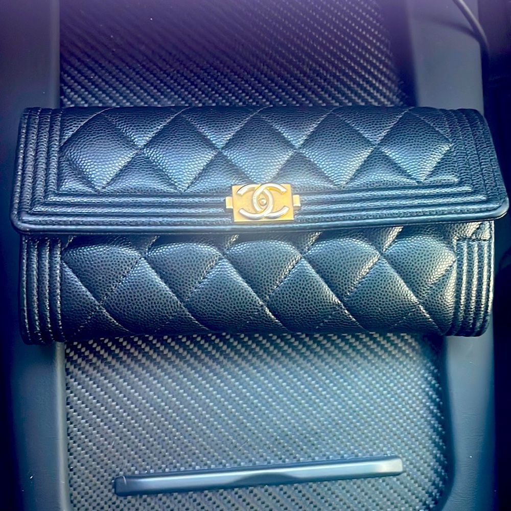 CHANEL BOY WALLET LONG BLACK GOLD HARDWARE